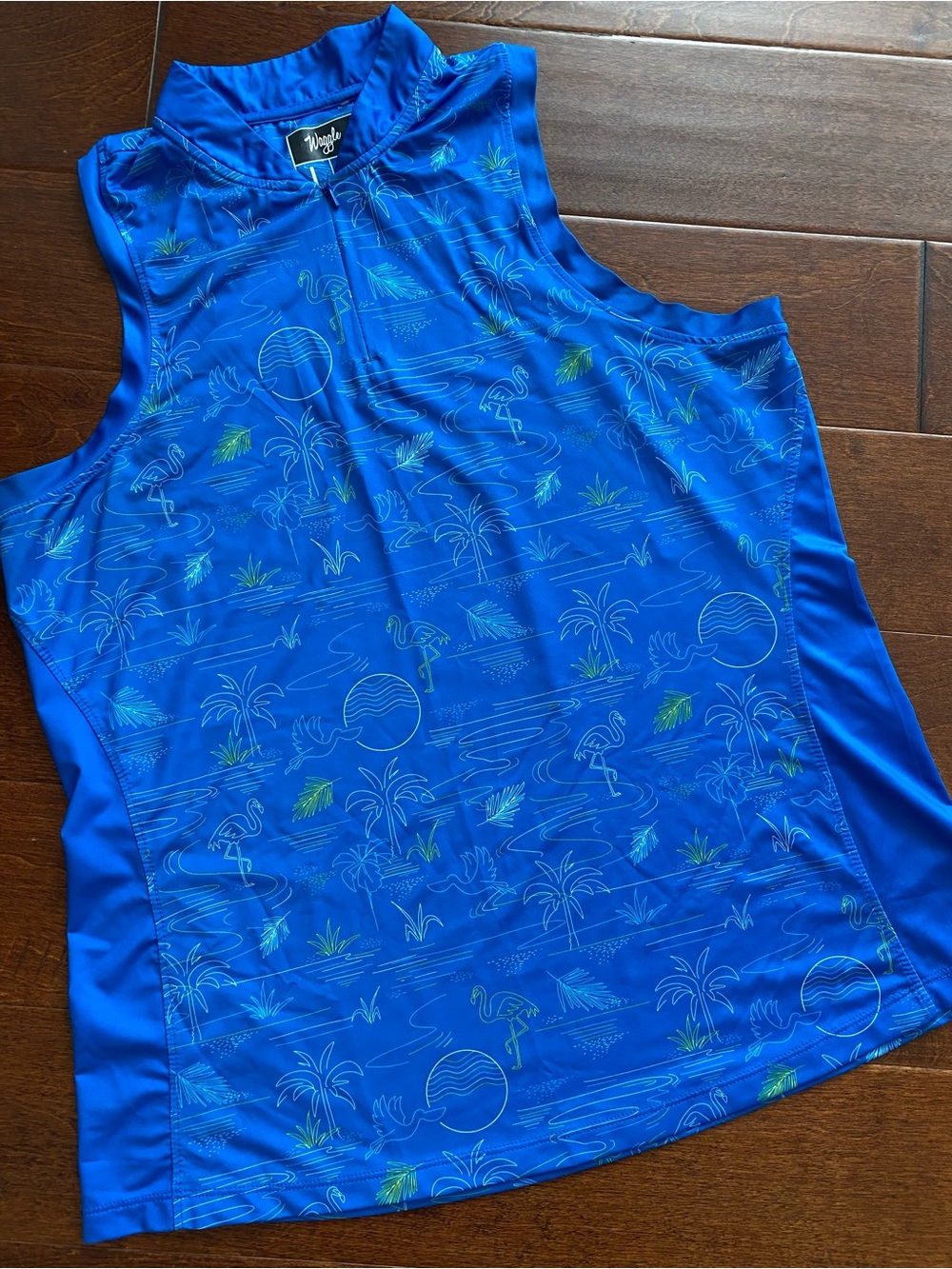 Waggle Golf Shores Sleeveless Polo Shirt Women's Large Blue Flamingo Zip